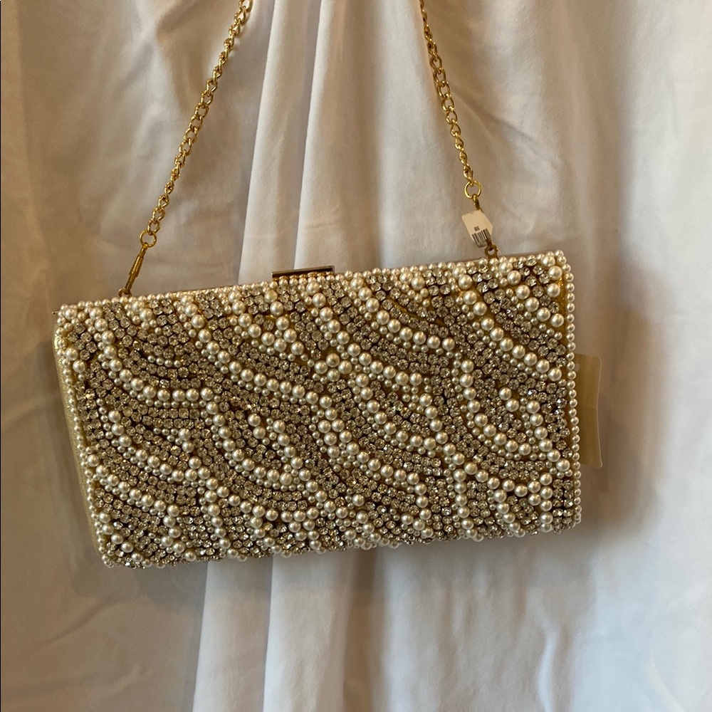 Pearl-Studded Gold Evening Clutch